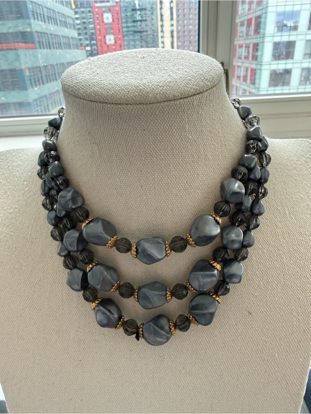 Vintage Multi Strand Necklace w/Faceted Gray Swirl Beads & Smoky Crystal Accents